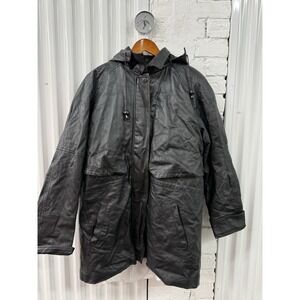 Phase Two Mens Leather Jacket Black Detachable Hooded Long Coat Sz XL